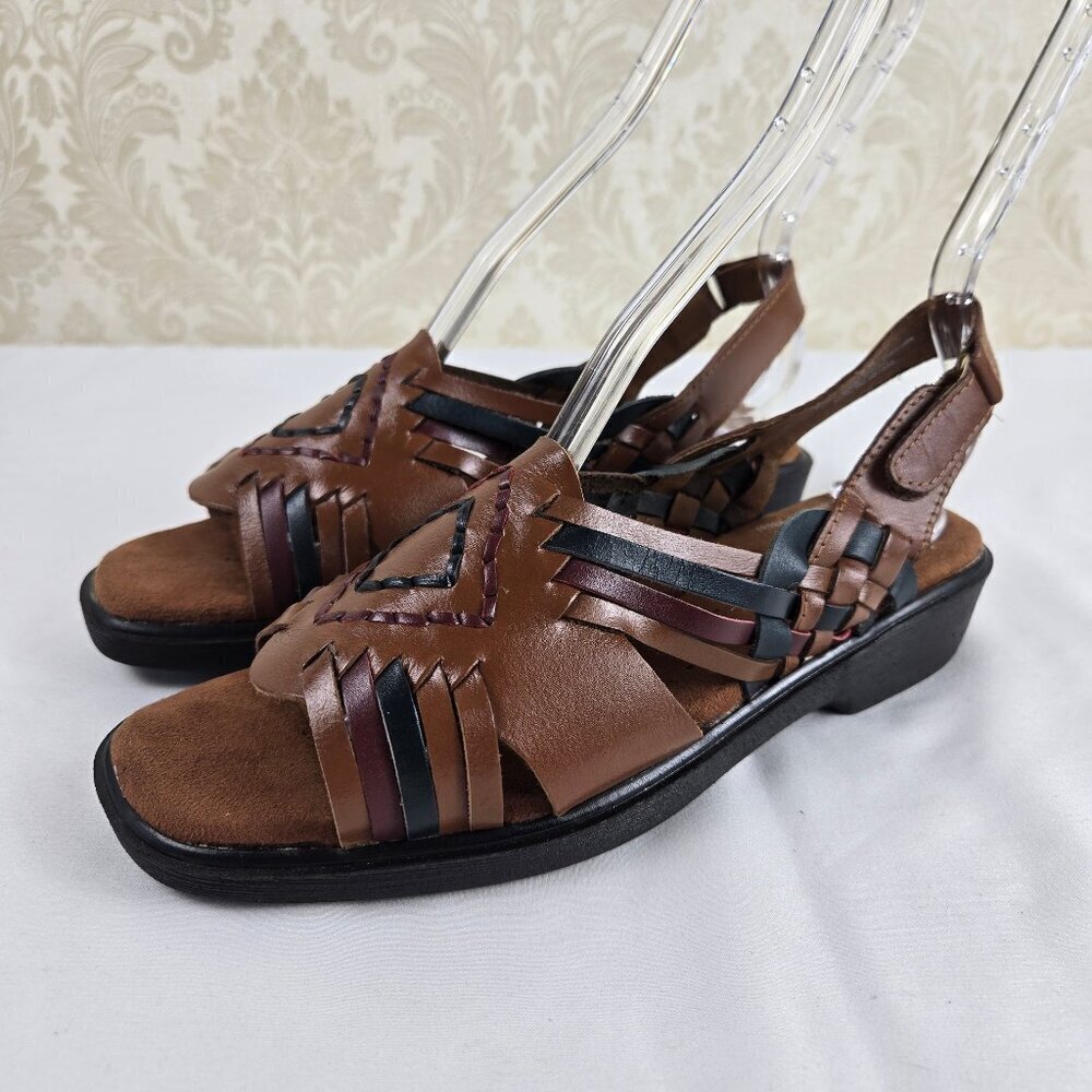 Dr Scholl's Size 8 Brown Leather Slingback Sandals Two-Tone Woven Cushioned